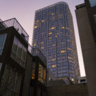 A view looking up toward both low and high-rise resdential buildings in San Francisco's South of Market neighborhood.